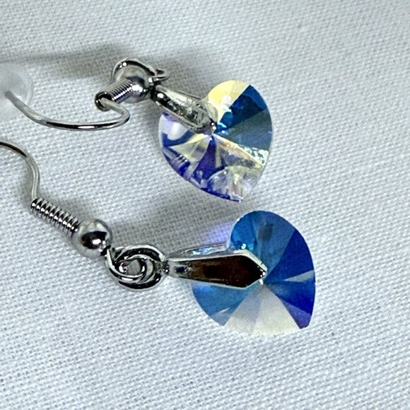 Heart Dangle Earrings Swarovski Crystal Aurora Borealis AB Jewelry - Picture 6 of 7